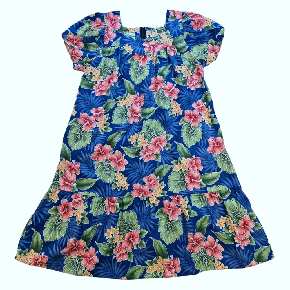 Hilo Hattie Hawaiian Muumuu Dress Blue Floral Hibiscus Cotton XL Petal Sleeve - Picture 9 of 9